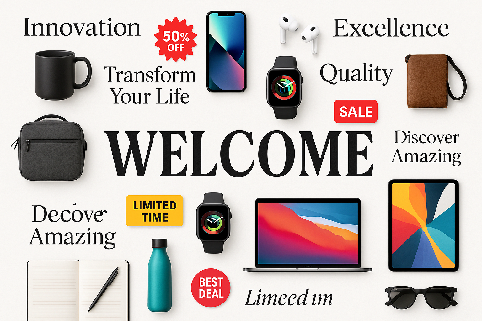 Take White Background. Write World Beautfull Words And Sentences. And And Some Tech Products. And And Some Daily use product in srounding. And mibble Of this photo Add One Well Come text In Bold And Differnt Style. And Add Some offs on product
